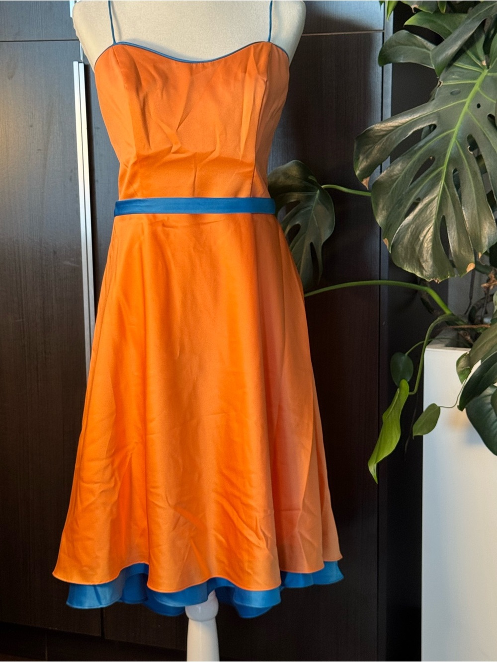 Alfred Angelo Orange Strapless Fit-and-Flare Dress with Blue Trim